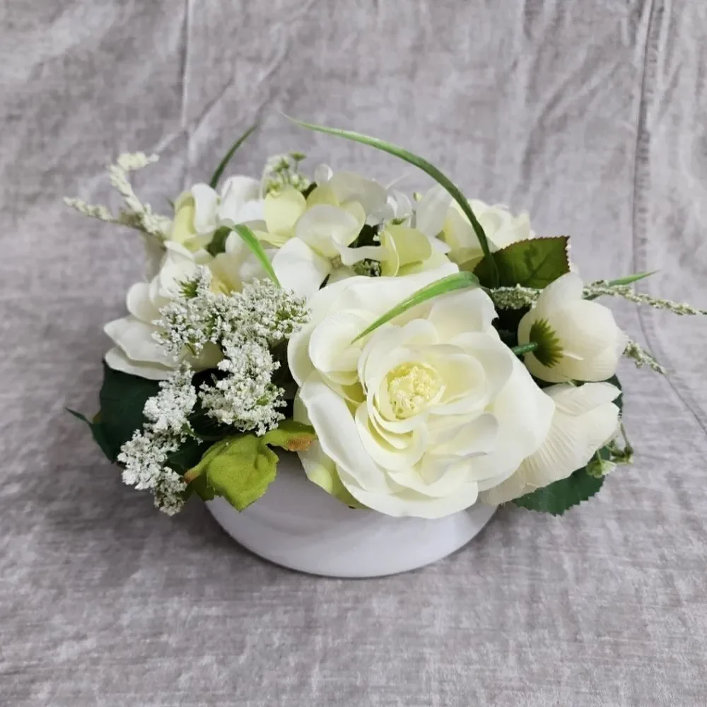 New Silk Ivory Rose and Hydrangeas Arrangement in Ivory Round Vase